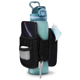 SITHON Gym Water Bottle Pouch Caddy, Non-Slip Water Bottle Sleeve Bag for Gym with Double Side Pockets Holder for Phone Key, Secure Zipper Storage Pocket for AirPods Cards and Small Items, Black