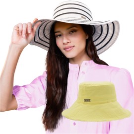 Nicole Miller Women Bucket Straw Sun Hat, White/Yellow