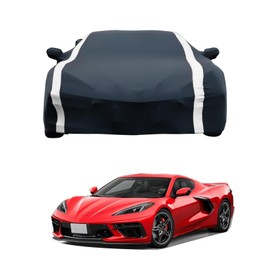 Car Cover Fit for C-orvette C8 Stingray Z51 Z06 E-Ray 2020-2025 Stretch Satin DustProof Protection Full Car Cover Compatible with Rear High Wing Spoiler C8 Accessories (Black Grey Strip)
