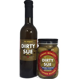 Dirty Sue 375 mL Olive Juice and 16 Ounce Stuffed Olive or Onion Combo Pack (Double Stuffed Jalapeno and Garlic)
