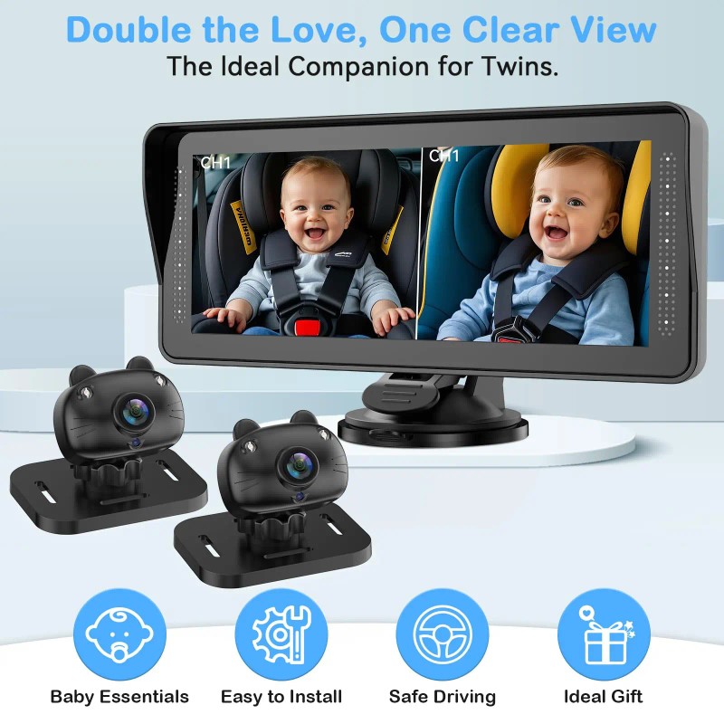 Dual Baby Car Camera 2 Kids 7.0'' Split Screen Ultrawide