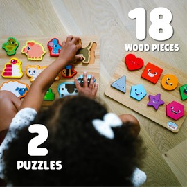 Chuckle & Roar - Jigsaw Wooden Puzzles Shapes and Animals 2 Pack - Preschool Puzzle for Toddlers Ages 3 Plus - Educational Puzzle Set for Fine Motor Skills and Screen Free Learning