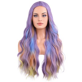 BERON Purple Mix Rainbow Wig Colorful Middle Part Wig Long Wavy Lavender Purple Wigs for Women Daily or Cosplay