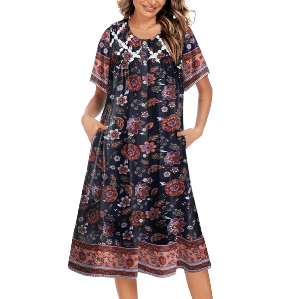 Ekouaer Women's Button Down Nightgown Short Sleeve House Dress Short