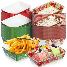 Liobelon 48 Pieces Christmas Paper Food Trays, Christmas Party Supplies, Disposable Snack Serving Trays, Xmas Food Boats Snack Popcorn Bowl for Winter Holiday Xmas Decorations