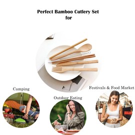 Bamboo Cutlery Set, 6-Piece Reusable Bamboo Tableware Utensils Set, Eco-Friendly Bamboo Cutlery Set With Chopsticks and Straw for Picnics, Travel and Camping, Includes Cleaning Brush and Storage Pouch