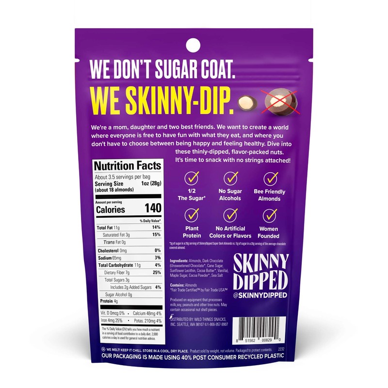 SkinnyDipped Super Dark Chocolate + Sea Salt Almonds, Vegan, Healthy