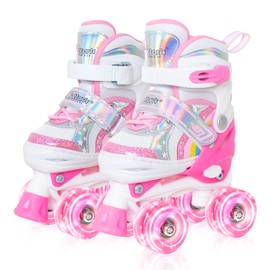 Toddler Roller Skates for Little Kids Toddler Ages 3-5 3 4 5, 4 Size Adjustable Girls Rainbow Unicorn Quad Skates with All Light Up Wheels - Best Birthday Gift for Outdoor Sports