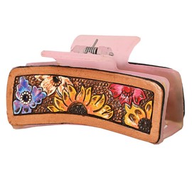 American Darling Floral Long Hair Claw Hand Tooled Carved Genuine Leather Brown Clips Clutcher Gift For Women Girls