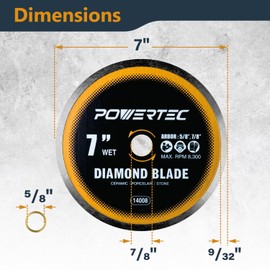 POWERTEC 7" Continuous Rim Diamond Saw Blade for Wet Tile Saw, Diamond Blade for Cutting Ceramic, Porcelain, Natural Stone Tile, Wet Cutting Only 7 inch Diamond Blades, 1 Pack (14008)