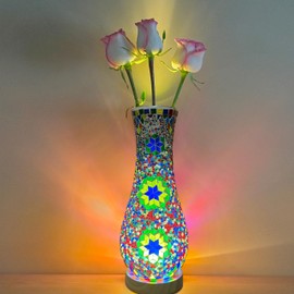 JAITAIK Turkish Moroccan Table Lamp, Mosaic Vase Lamp, Colorful Handmade Glass Vase, Decorative Lamp, Vase, Water-Fillable, Three-Color Light, Fit for Ambient Living Room Farmhouse