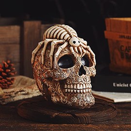 Skull Head Sculpture Spider Decoration, Creative Flowers Skull Desktop Ornament，Skull Collectible for Home Office Desk Supplies.