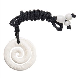 81stgeneration Handmade Necklace Round Koru Carved Bone Pendant with Tribal Engravings - Maori Style Jewellery - Black Cord Surfer Necklace for Women - Men's Natural Bone Necklace
