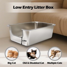 TownTime Stainless Steel Cat Litter Box,Jumbo XL Extra Large Mental Cat Litter Pan with High Sides Lid,Low Entry for Indoor Big Cats,Non Sticky,Easy to Clean,Anti-Urine Leakage