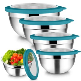 TeamFar Mixing Bowls Set, 4.5/3/1.5/1/0.7 QT Stainless Steel Nesting Salad Bowls with Visible Lids, For Serving Mixing, Non-Toxic & Heavy Duty, Airtight & Easy Clean, Dark Blue, Set of 5