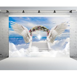 CHNYWORK 7x5ft Angel Wings Backdrop Blooming Flowers Arch Door Stairs to Heaven Holy Light Clouds Blue Sky Background Baby Shower Prayer Church Party Decor Newborn Portrait Photo Booth Studio Props