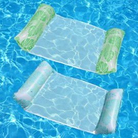 EWUVP Pool Floats Adult, 2 Pack Inflatable Pool Floats, 4-in-1 Multi-Purpose Rafts Lounger Water Hammock for Swimming Pool, Thick PVC Pool Floaties for Adults Vacation (Blue+Green)