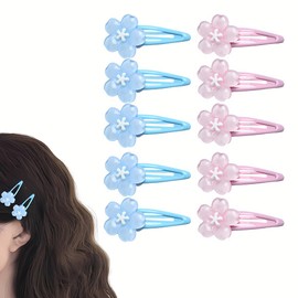 10Pcs Flower Snap Hair Clips for Girls Women Small Hair Barrettes Non Slip Cherry Blossom Hairpin Blue and Pink Sakura Hairclip Hairpins Cute Floral Hair Accessories for Teens Kids Kawaii Stuff