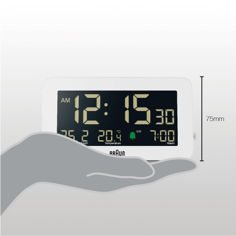 Braun Digital Alarm Clock with Date, Month and Temperature Displayed,
