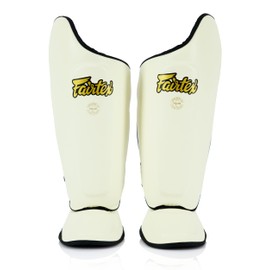 Fairtex SP8 Muay Thai Shin Guards for Men, Women, Kids | Shin Guards Made with Syntek Leather & are Premium, Lightweight & Durable | Expanded Side Protection (White/Small)