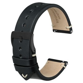 ANBEER Quick Release Leather Watch Bands for Men Women,22mm Top Grain Leather Watch Strap,Black with Black Buckle