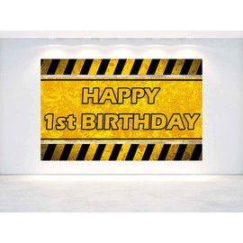 7 x 5 FT Yellow Happy 1st Birthday Backdrop, 1st Birthday Construction, Party Decoration. Builder Road Worker 1st Happy Birthday Background, Photo Banner.