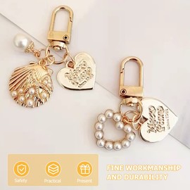LABRIMP 12 Pcs Faux Pearl Shell Key Keychain Pearl Pendant Keyring Heart Shape Ring Purse Chain Heart Shell Tassel Charm Cute Chains for Purse Car Bag Accessories for Valentine'S Day Birthday Gifts