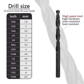 Cobalt Drill Bit Set, 13PCS High-Speed Steel, Black, Suitable for Metal, Wood, and Plastic, Size from 1.5mm up to 6.5mm