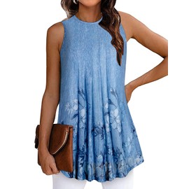 AxByCzD Camiseta sin mangas para mujer, sexy, casual, de verano, floral, moderna, con lazo en la espalda, Azul / Patchwork, XXL