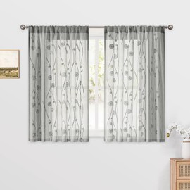 HOMEIDEAS - Cortinas de cocina transparentes grises de 52 x 45 pulgadas, 2 paneles bordados con línea ondulada con patrón en espiral, cortinas cortas para recámara, cuarto de baño, ventana