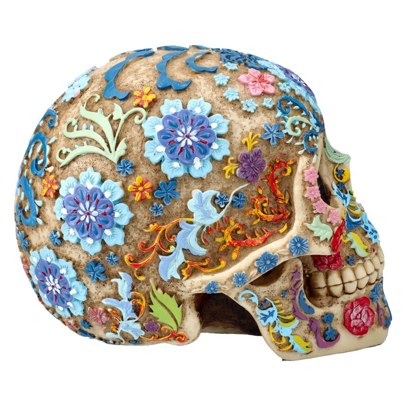 Skull Figurine with Floral Pattern - 16 cm Height, Bone