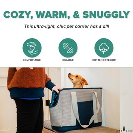 LeftPine x P.L.A.Y. Deluxe Dog Carrier Purse - Soft Sided Pet Travel Tote for Small Dogs & Puppies with Built-In Safety Leash - Machine Washable Liner, Exterior Pocket, Magnetic Closure (Navy Striped)