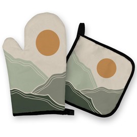 OHSUL Green Boho Oven Mitts and Pot Holders Sets, Green Boho Kitchen Decor, Boho Kitchen Accessories, Green Bohemian Sun Heat Resistant Oven Gloves Hot Pads for Kitchen Cooking Baking Grilling