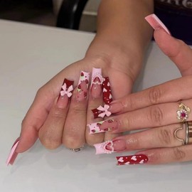 24Pcs Long Coffin Square Fake Nails Nude Pink Red 3D Bow French Tip Long Coffin Press On Nails Square with Designs Full Cover Glossy False Nails,Acrylic Thick Glue on Nails, Stick on Nails For Women Daily Events SGCY-168
