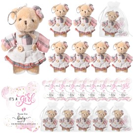 Poen 25 Sets Bear Baby Shower Favor for Guest 25 Stuffed Plush Mini Bears Plaid Tiny Stuffed 25 Thank You Cards and Organza Bag for Gender Reveal Guest Gifts(Girl)