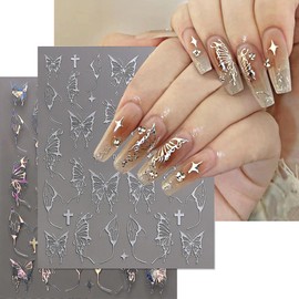 6 Sheets Butterfly Nail Art Stickers Decals 3D Self-Adhesive Luxury Nail Art Supplies Laser Gold Silver Black White Butterflies Wings Design Nail Stickers Holographic Nail Decals for Women DIY Nails