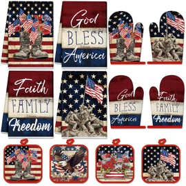 Hosuly 12 Pcs 4th of July Kitchen Towels Oven Mitts and Pot Holder Kit Patriotic Kitchen Towels July 4th Oven Gloves and Potholders for Independence Day Holiday Cooking Decor(Soldier)