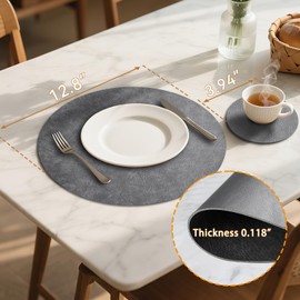 Nymblis Leather Round Placemats Set of 4, Washable & Non-Slip Table Mats and Coasters, Dual-Sided PU Place Mats for Table, Wipeable and Waterproof(Grey)
