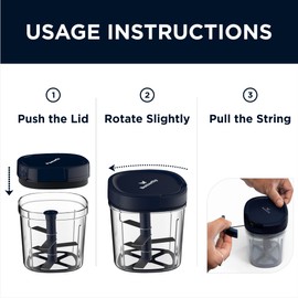 Butterfly 3.8 Cups Premium Plastic Manual Food Chopper, Hand Pull String Onion Vegetable Mincer Dishwasher Safe, 900ml, Blue