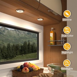 acegoo 12 V LED Ceiling Light, Motorhome Lamps Two Colours (5000 K/Blue Night Light) with Dimmer Switch for Boat, Yacht, Caravan, Camper, PC Material, Dimmable Surface Light, 4 Pieces, Chrome Interior