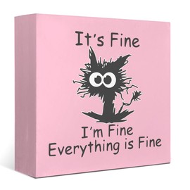 Mtrgdn Cat Pink Office Decor for Women,Cat Decor Wooden Box Sign,Cat Lover Gifts It's Fine Everyone is Fine Wood Sign Desk Decor Funny Cat Desk Decorations for Home,Office Decor for Coworkers