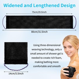 African Exfoliating Net Sponge with Knots，2 Pcs 31.5" Long Exfoliating African Body Scrubber with Rope Handles, Reusable Wash Cloths for Daily Shower, Men & Women, Black/Brown