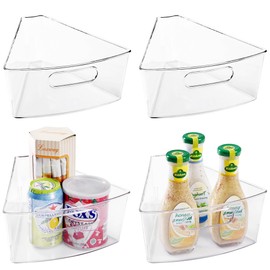 Oubonun Lazy Susan Organizers Set of 4, 10.2”x 9.4”x 4” Plastic Transparent Kitchen Cabinet Storage Bins with Handle, 4" Deep Container, 1/8 Wedge - Food Safe, without BPA