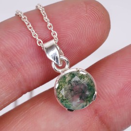 Real Moss Agate Round Gemstone Dainty Pendant Necklace, Healing Chakra Stone, Birthstone, Natural Crystal, Women Jewelry, 925 Sterling Silver Chain 18 inch