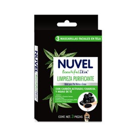 Nuvel Mascarilla Facial en Tela Limpieza Purificante, para Piel Mixta o Grasa, Con Carbón Activado y Té Verde, Paquete con 3 Piezas