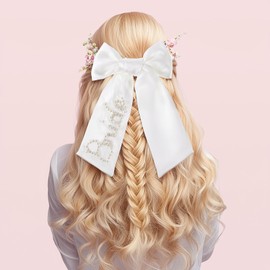 Silkfly Bride Pearl Hair Bow, Bachelorette Party Decorations Pearl White Bow Hair Clips, Long Ribbon Satin Hair Clips for Bridal Shower Supplies, Bridesmaid Favors, Wedding Gift, Engagement Accessory