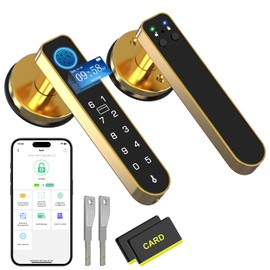 Foxlock Fingerprint Door Lock with Screen, RFID Smart Door Handle Lock with Keypad Bluetooth Control, Biometric Digital Electronic Smart Locks for Bedroom Home Office Apartment