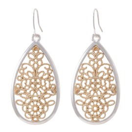Bohemian Gold & Silver Two Tone Floral Filigree Big Tear Drop Earrings (SMALL TEARDROP)