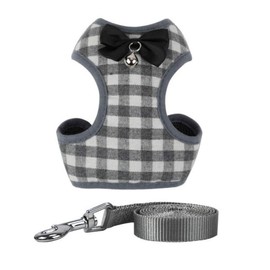 Dog Harness and Leash Set, Soft Mesh No Pull Dog Cat Harness Vest with Bowtie Bell for Small Dogs Puppy and Cats Outdoor Training and Running Classic Plaid Pattern (Large(13.7"-19.6"), Grey Plaid)