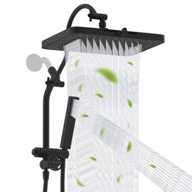 Hibbent Upgraded 13'' Shower Head Combo, High Pressure 5-spray Rainfall Showerhead, Stainless Steel 4 Modes Handheld Spray, All Metal 4-way Diverter Valve, Extension Arm, 71'' Hose and Holder, Black